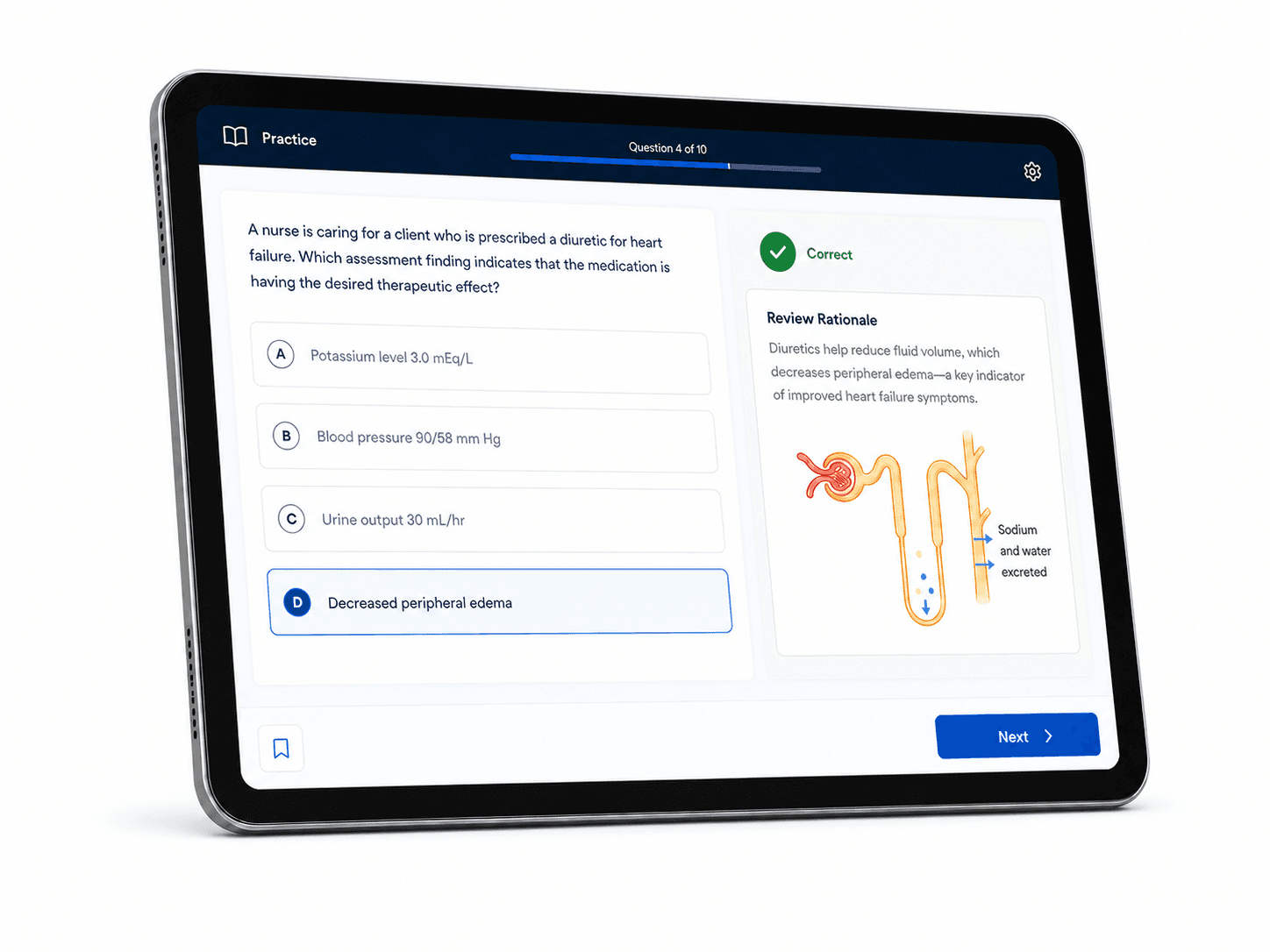 NursingAnswers practice screen showing a nursing question, correct answer, and clinical rationale